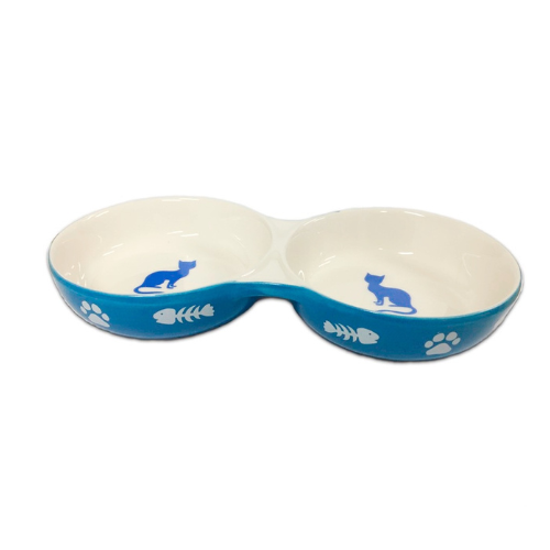 Comedouro de Porcelana Duplo Gatinhos azul - 150ml Cada Pote de Comida