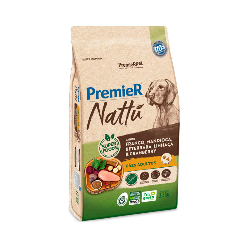 Ração  Premier Nattú Cães Adultos - 12.0kg | Frango, Mandioca, Beterraba