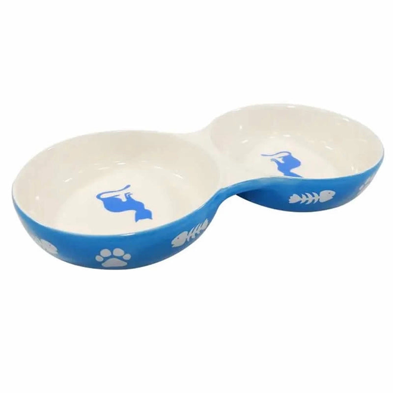 Comedouro de Porcelana Duplo Gatinhos azul - 150ml Cada Pote de Comida