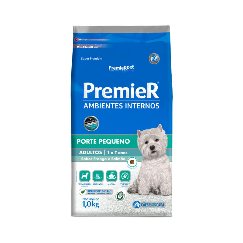 Ração Premier Ambientes Internos Porte Pequeno - 1.0kg a 2.5kg | Sabor Frango e Salmão