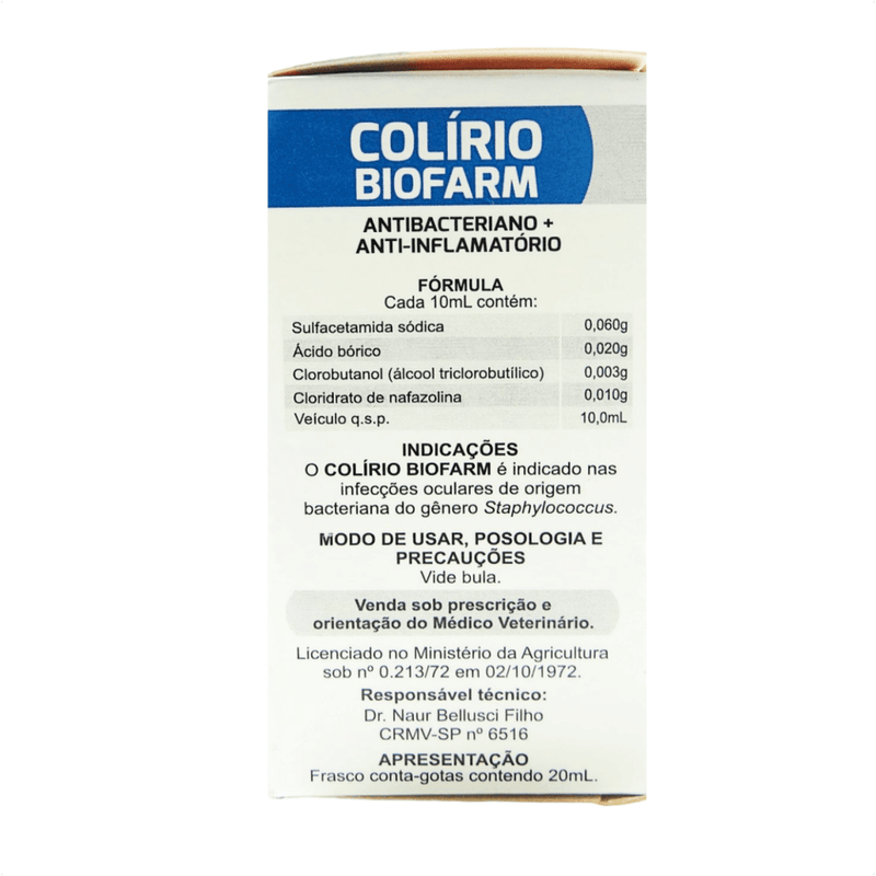 Colirio Biofarm Infecções Oculares Uso Veterinário 20ml